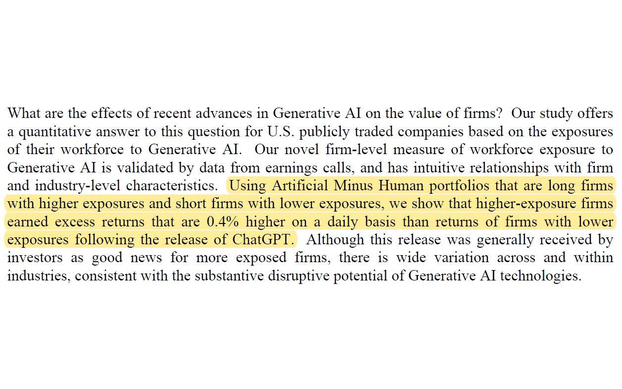 This excerpt from the study reveals what the researchers had to say about the potential impact of generative AI on the value of companies. Source: Generative AI and Firm Values.